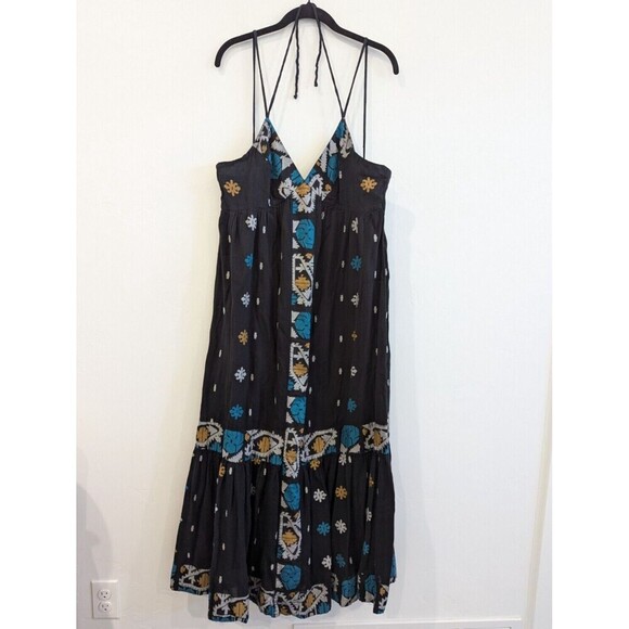 Free People Stiched with Love Maxi Dress Womens Size 8 Black Boho Tribal Flowy - Picture 3 of 14